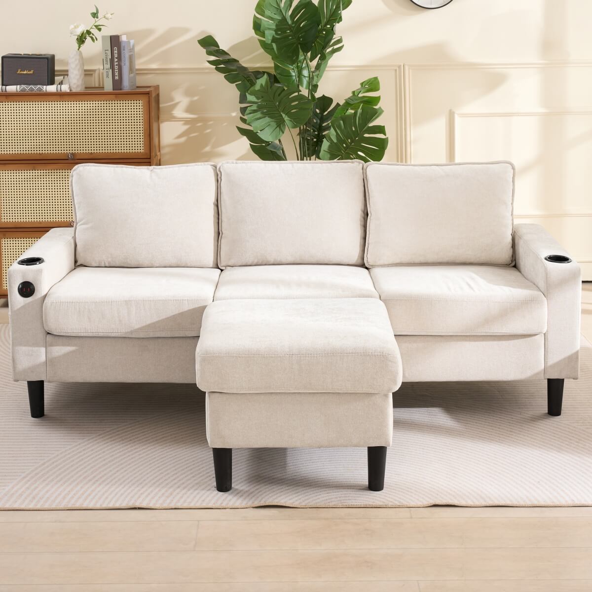 L Shaped Corner Sofa - 3 Seater Sectional Couch with USB & Cup Holder, Beige