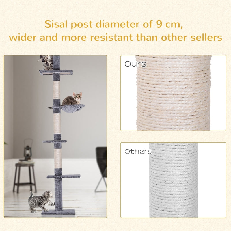 Floor to Ceiling Cat Tree - 5-Tier Kitty Tower Climbing Activity Center Scratching Post Adjustable Height - Grey