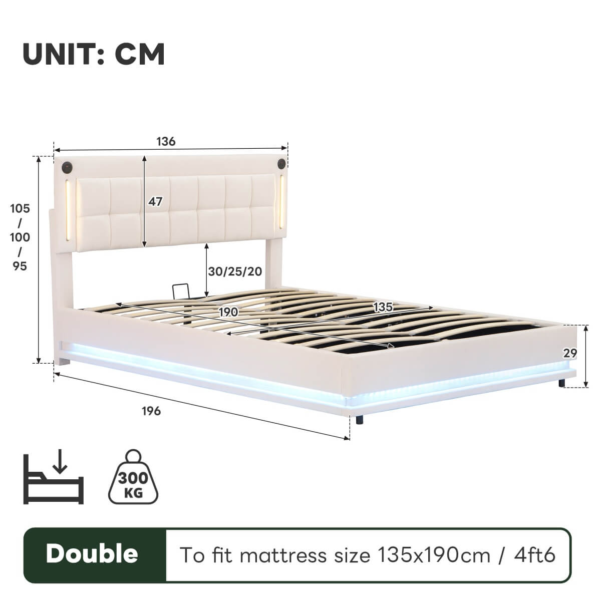 4ft6 Double Velvet LED Hydraulic Bed - Adjustable Tufted Headboard with USB and Type C Charging