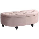 Semi-Circle Ottoman Storage Bench, Tufted Upholstered Footrest Stool, Rubberwood Legs, Pink