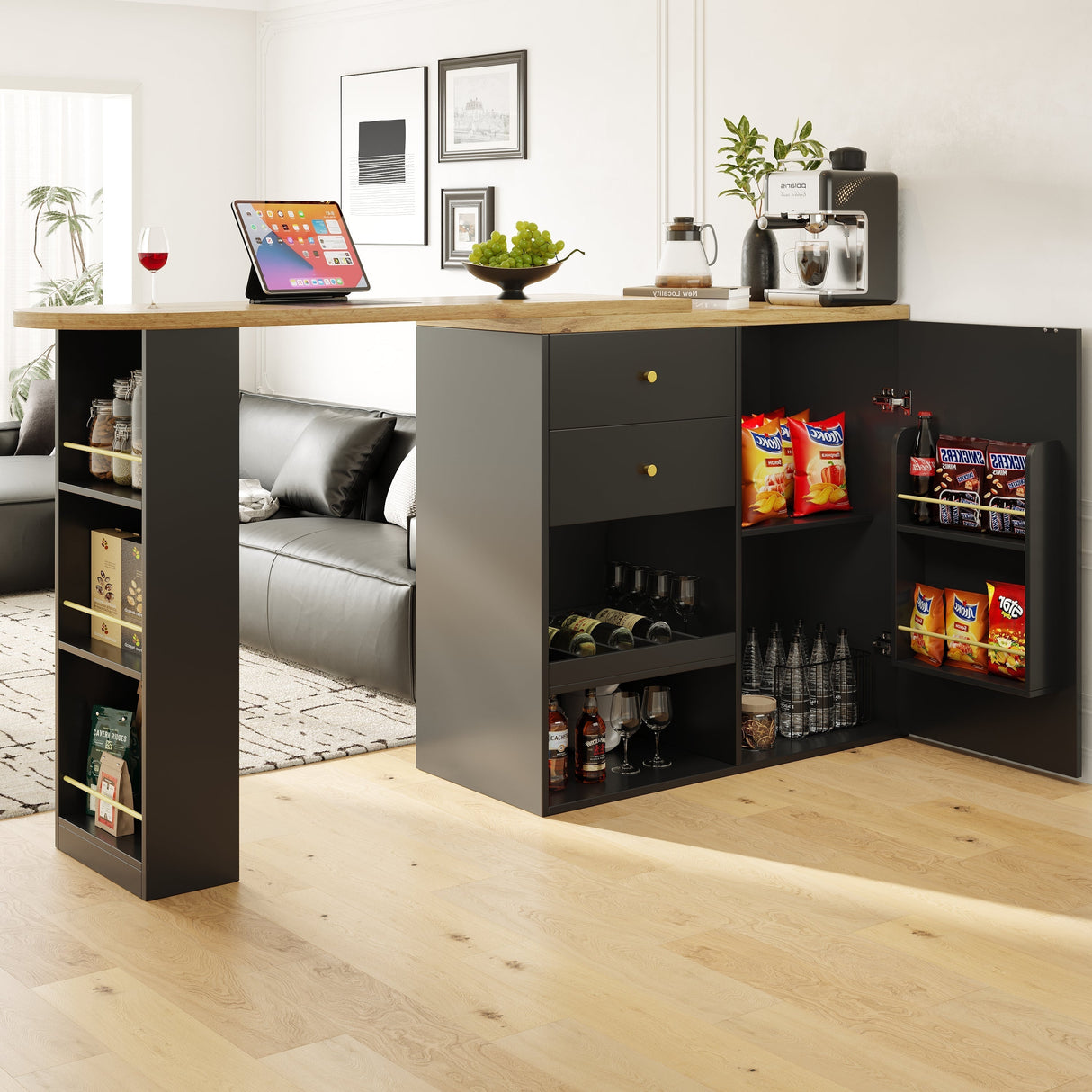 360¡ã Swivelling Bar Table (105 x 39 x 102 cm), with 2 Drawers and Sliding Door Cabinet, 3 Levels of Open Storage Space, Suitable for Dining Room/Study/Living Room etc.