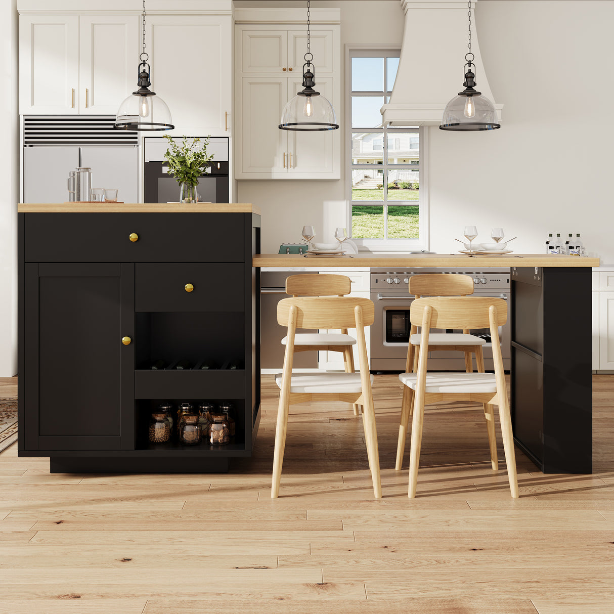 Extendable bar table with storage (122.5-195.57093.8cm), with three drawers and wine rack, kitchen island with extendable table, for 2-6 people, kitchen dining cart with side shelves, black