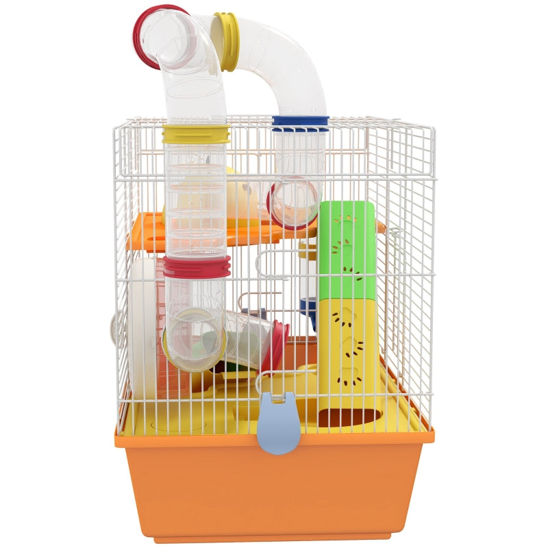 Gerbil/Hamster Cage with Tubes, Wheel, Ladder, Top Handle - Orange