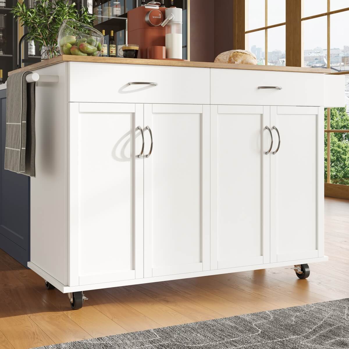 Kitchen Island Trolley with Storage — Rolling Cabinet with Drawers, Adjustable Shelf & Spice Rack