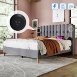 Upholstered Double Bed with USB and Type-C Charging, Bed Frame with Wooden Slatted Frame, Teenager Bed, Grey Linen Material