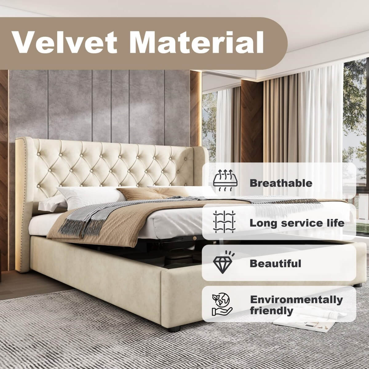 4ft6 Double Velvet Storage Bed with Hydraulic Lift - Upholstered Bed Frame, Beige