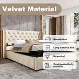 4ft6 Double Velvet Storage Bed with Hydraulic Lift - Upholstered Bed Frame, Beige