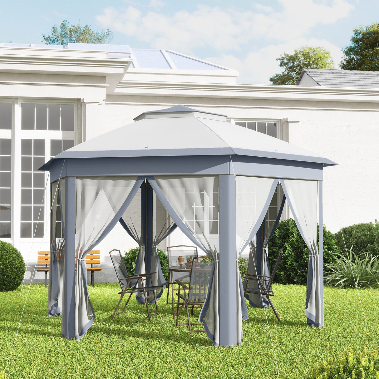 Metal Frame Hexagon Gazebo, 3 x 4m with Curtains - Grey