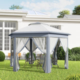 Metal Frame Hexagon Gazebo, 3 x 4m with Curtains - Grey