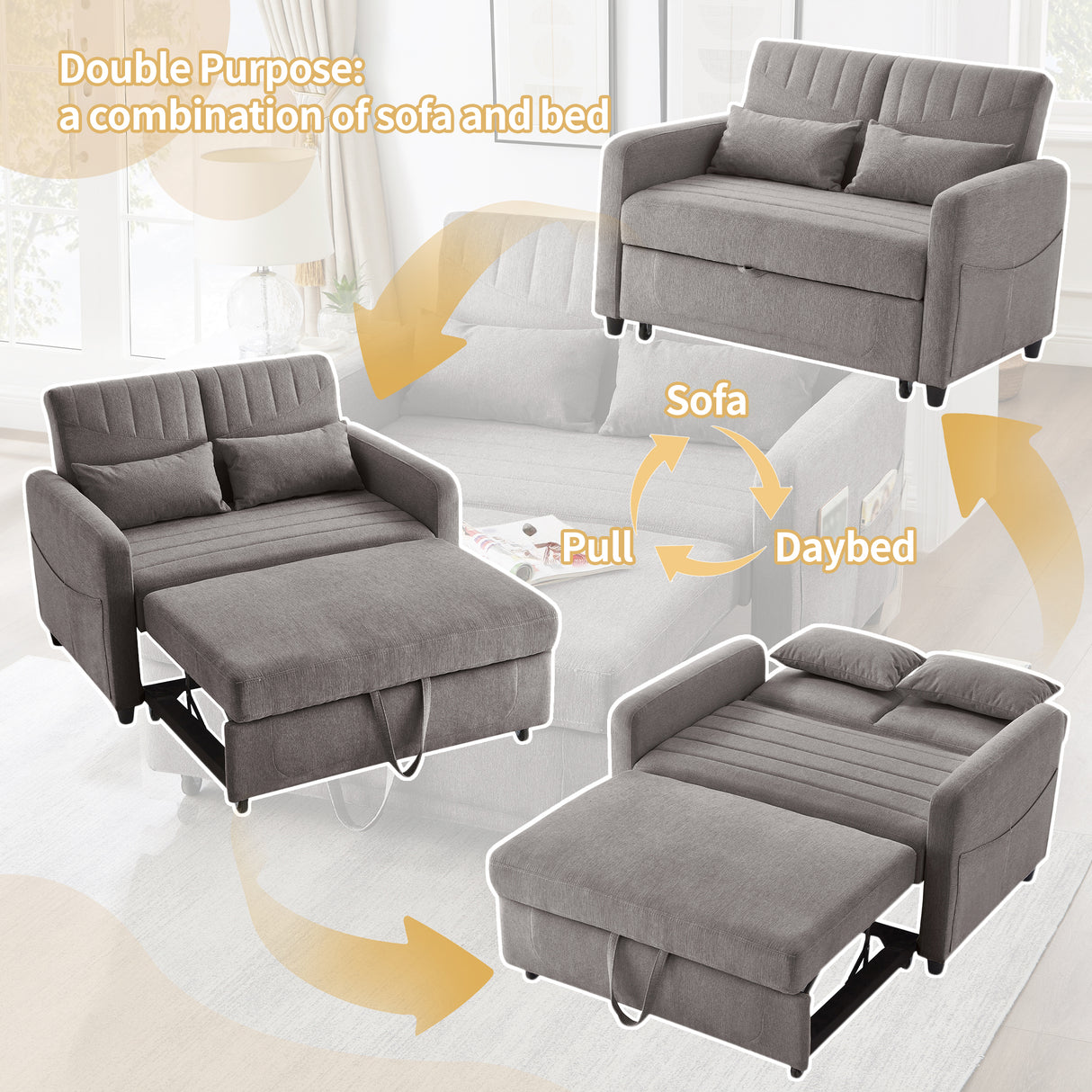 [Sofa Bed with Sleeping Function] Two-Seater Fold-Out Sofa, Pull-Out Design, Simple and Modern, Contemporary Style, Three-Level Adjustable Backrest, Breathable Cotton-Linen Fabric