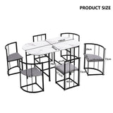 6 Seater Dining Table Set – White Table with Grey Cushioned Chairs, Black Metal Frame, Modern Dining Room Set