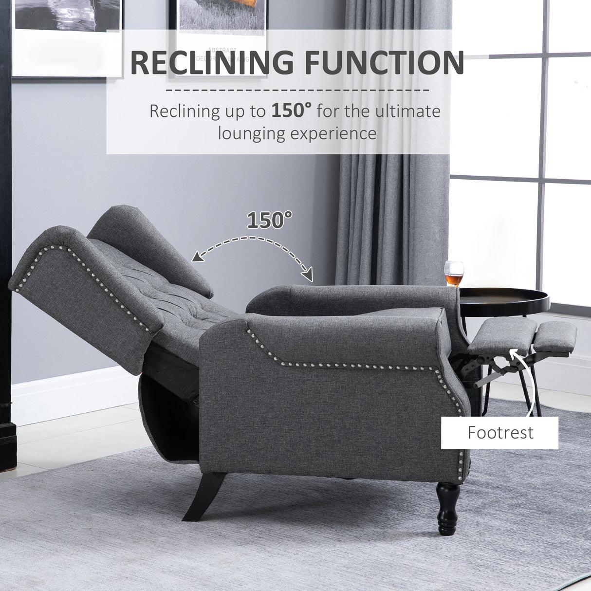Recliner Armchair, Wingback with Footrest, Grey