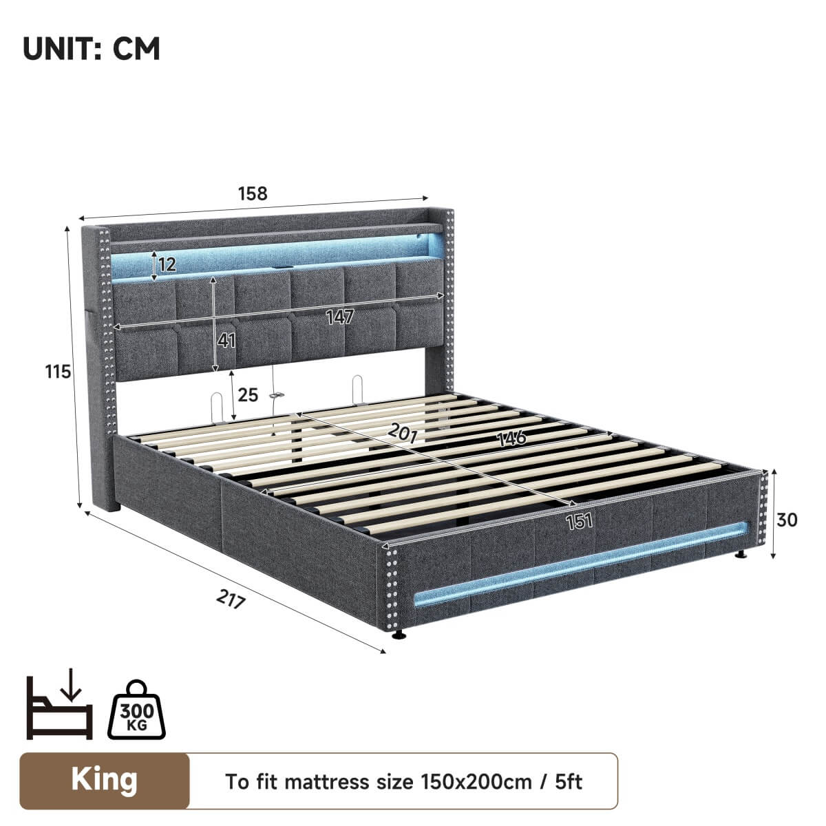 5ft King Ottoman Bed Frame - LED Upholstered Storage Bed with USB & Type C Charging, Grey