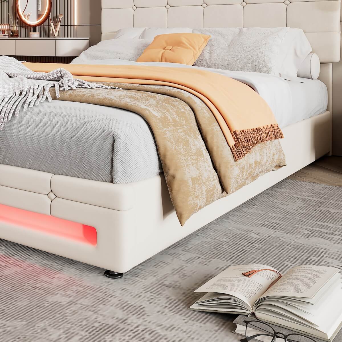 4ft6 Double Velvet Hydraulic Storage Bed with LED Lights - Upholstered Bed Frame, Beige