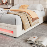4ft6 Double Velvet Hydraulic Storage Bed with LED Lights - Upholstered Bed Frame, Beige
