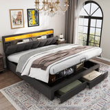 5ft King Upholstered Storage Bed with LED Lights – Hydraulic Bed with Drawers, Bed Box and Stowable Headboard