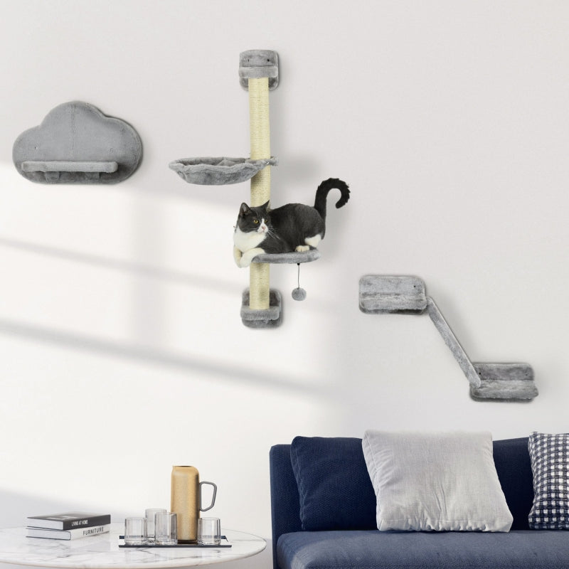 Cat Shelves, Three-Piece Wall-Mounted with Hammock, Ladder, Platforms, Scratching Post - Grey