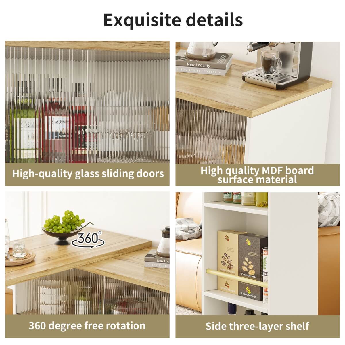 360° Swivel Kitchen High Table - Multifunctional White Sideboard with Storage and Sliding Glass Door
