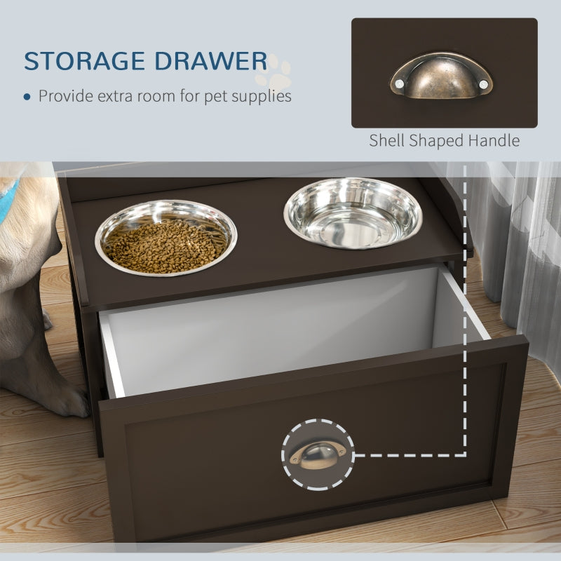 Raised Dog Bowls, Stainless Steel with 21L Storage Drawer for Large Dogs - Brown
