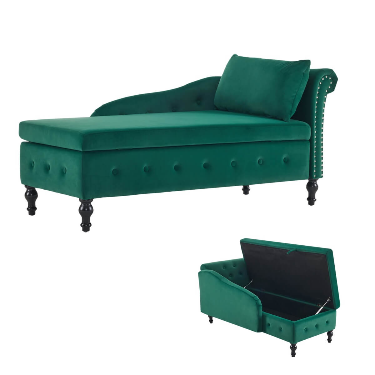 Velvet Chaise Lounge with Storage - Tufted Upholstered Sofa, Right Armrest, Green