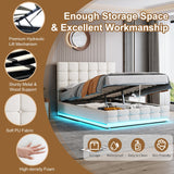 Ottoman Double Bed with LED Lighting, Hydraulic Storage, Adjustable Button Tufted Headboard, Cream White PU Leather (No Mattress)