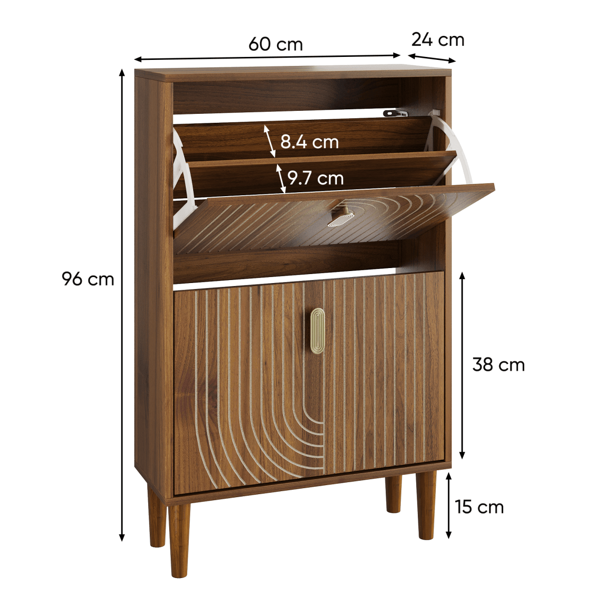 Shoe Storage Cabinet with 2 Flip-Down Drawers - Freestanding Shoe Rack with Metal Handles and Grooved Design for Entryway
