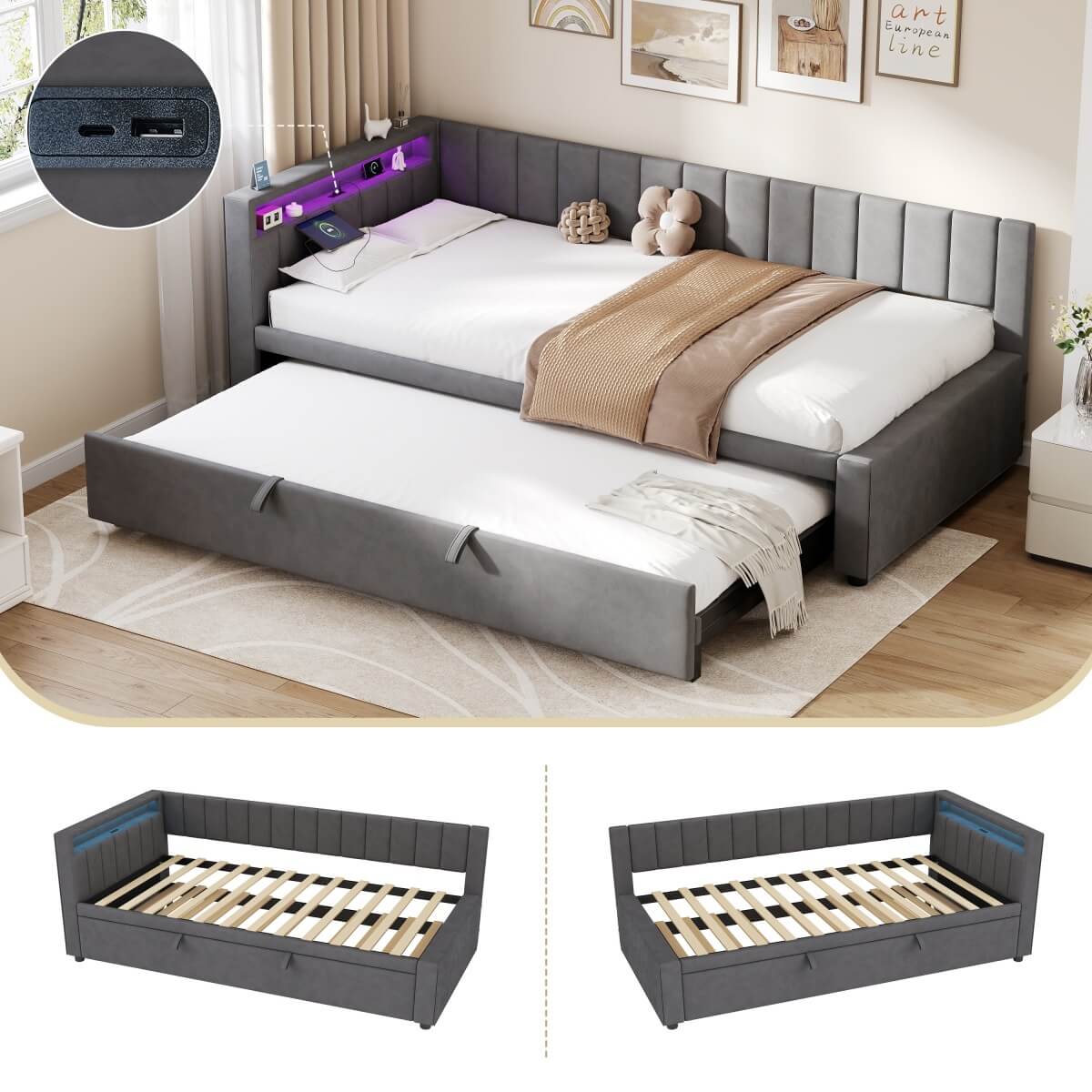 3ft Single Velvet Daybed with Trundle - Reversible Sofa Bed with RGB LED Lights and Charging Station, Grey