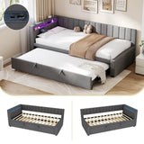 3ft Single Velvet Daybed with Trundle - Reversible Sofa Bed with RGB LED Lights and Charging Station, Grey