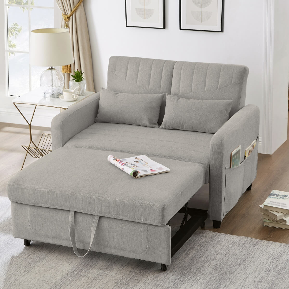 2 Seater Fold-Out Sofa Bed with Sleeping Function - Pull-Out Sleeper Sofa, 3-Level Adjustable Backrest, Cotton Linen Fabric, Light Gray