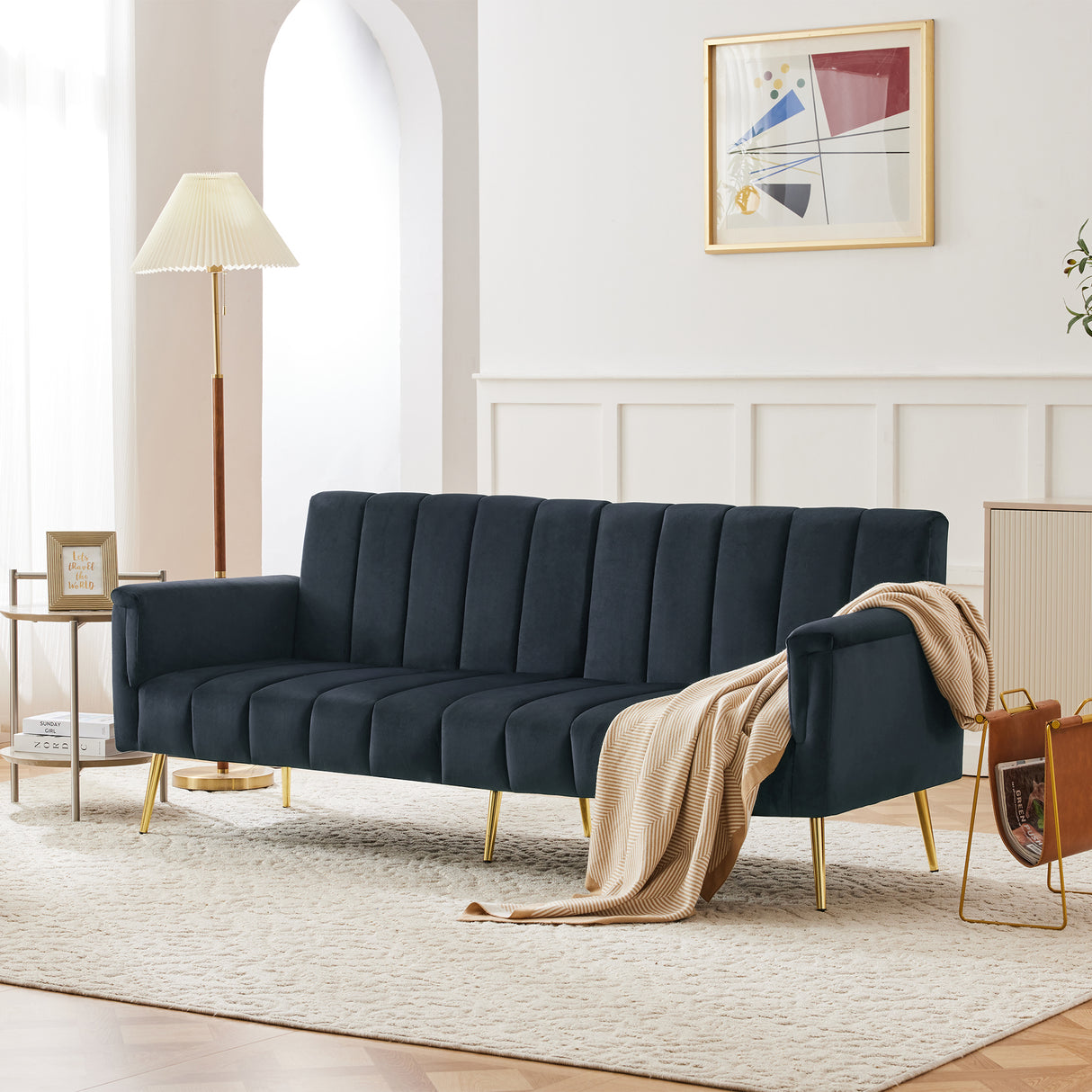Modern Adjustable Velvet Sofa Bed with MultiPosition Backrest & Armrests, Metal Legs, Convertible Sleeper Function, Ideal for Living Room, Bedroom, Home Theater & Guest Room, Black, Video Included