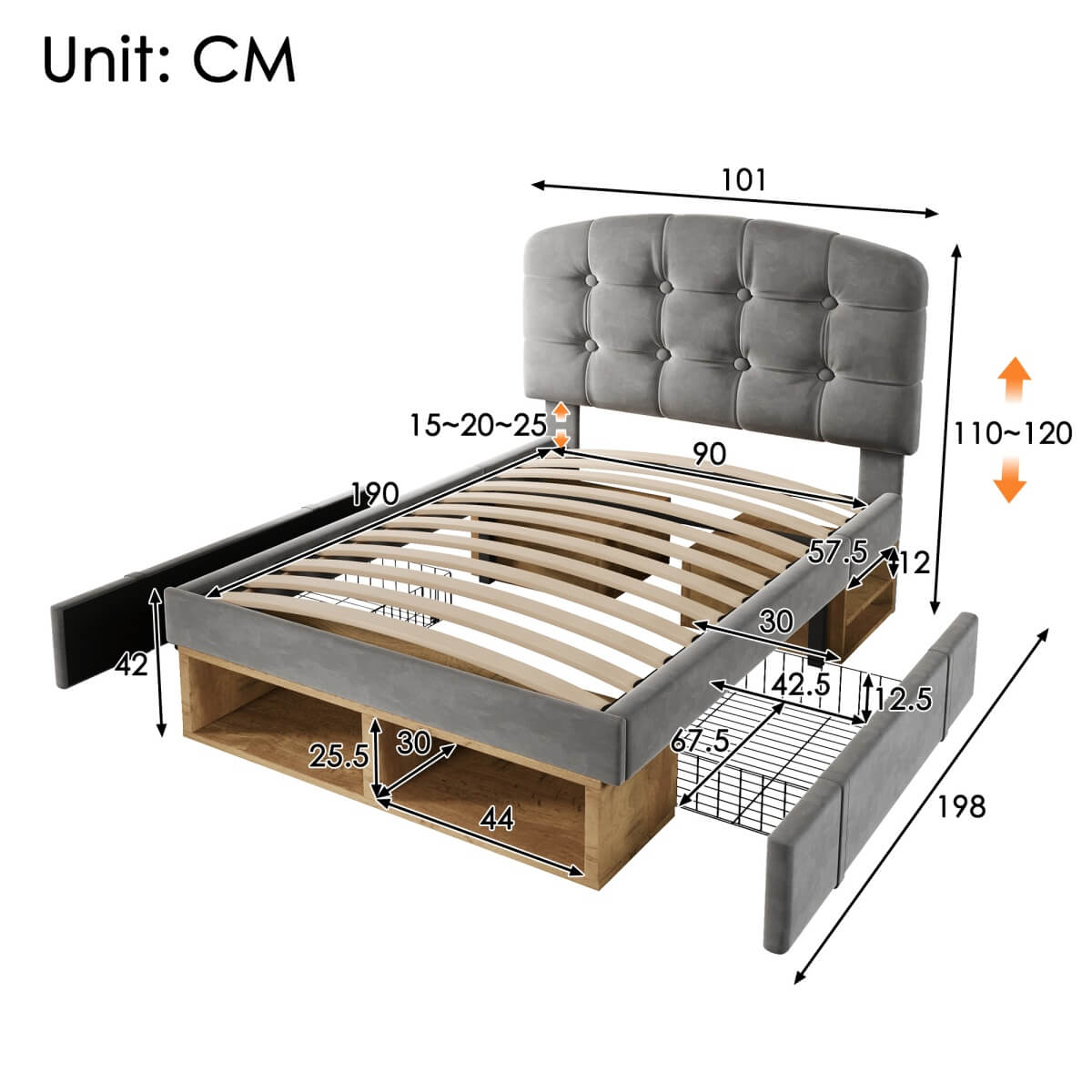 3ft Single Velvet Storage Bed - Upholstered Bed Frame with Drawers and Adjustable Headboard, Grey