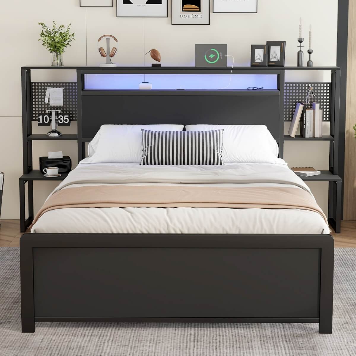 4ft6 Double Metal Bed Frame with LED Lights and Integrated Bedside Table - Black Iron Bed with 2 USB-A Ports and 1 USB-C Charging Port