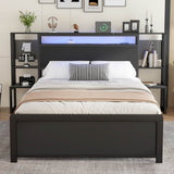 4ft6 Double Metal Bed Frame with LED Lights and Integrated Bedside Table - Black Iron Bed with 2 USB-A Ports and 1 USB-C Charging Port