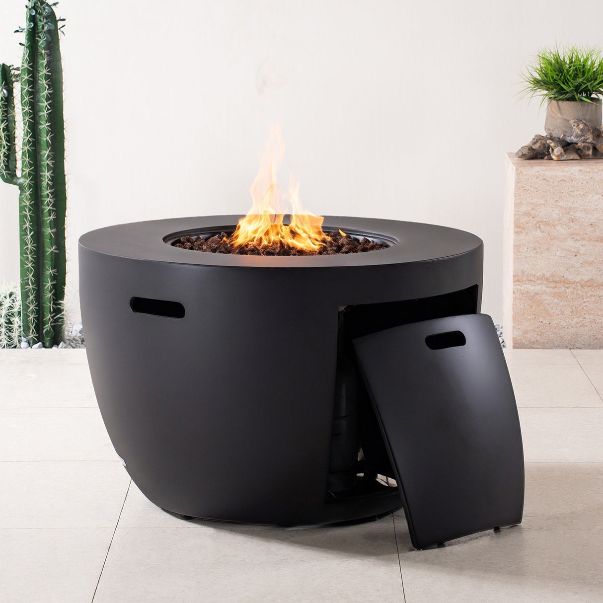 50,000 BTU Round Dark Gray Propane Fire Pit Table with Lid, Outdoor Gas Fire Table with Hidden Tank, Lava Rocks & Cover Included
