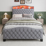Upholstered Bed, 4ft6 double bed 135x190cm, Storage Bed, Soft backrest, With bed slats, With LED light strip, For adults & teenagers, Velvet, Grey