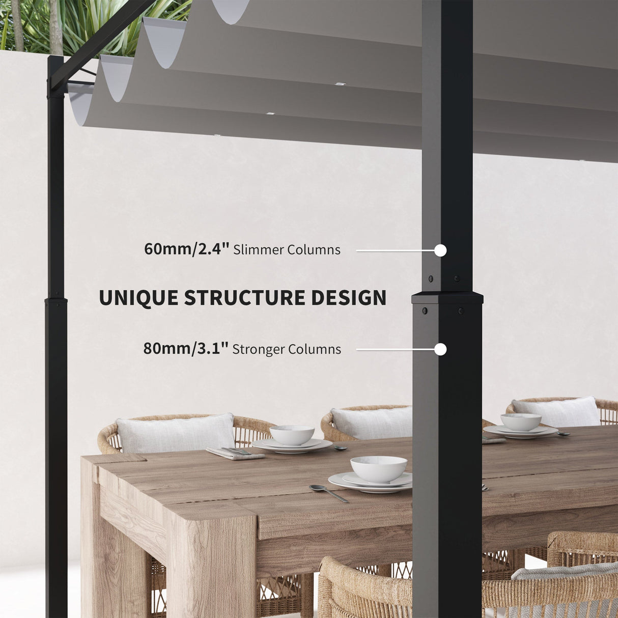 Metal Pergola with Retractable Roof, Magnetic Fixture, Sun Shade Canopy, Grey