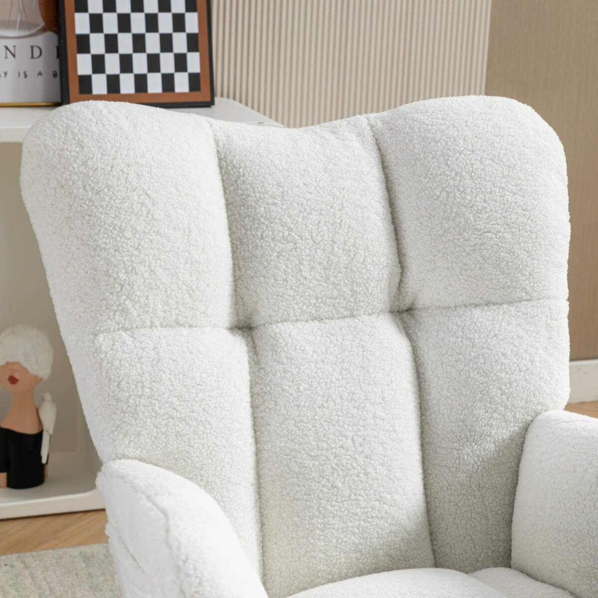 Teddy Fabric Rocking Chair with Pull Out Footrest - Tufted Upholstered Armchair, White