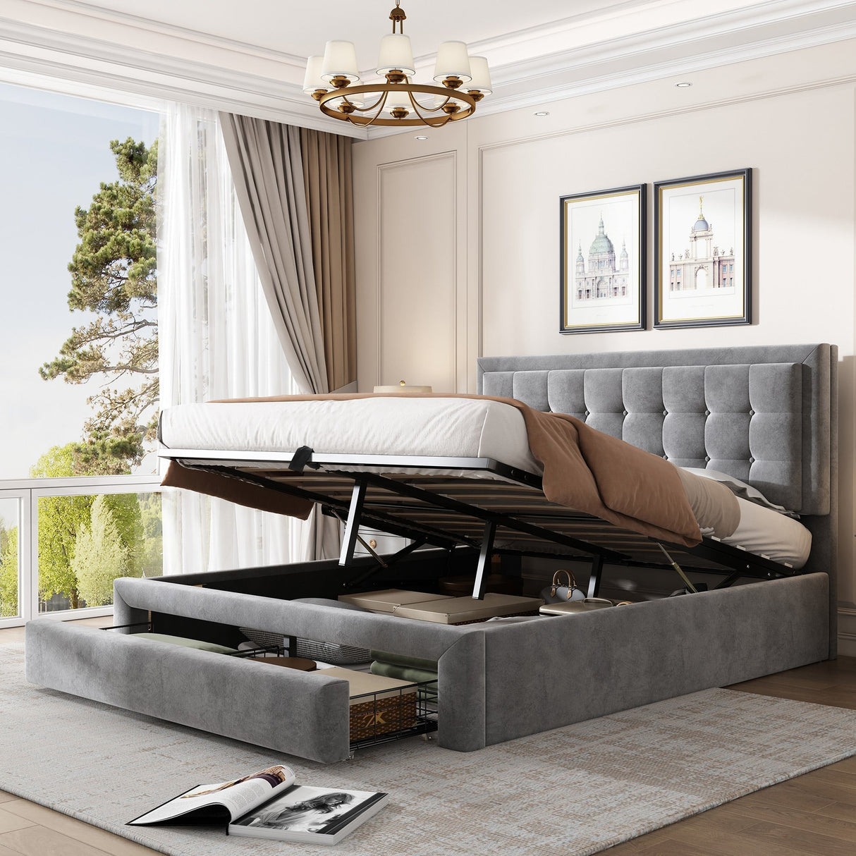 Upholstered Bed, 4ft6 Double (135x190cm) with Large Storage Space, Slats & Headboard, Grey Velvet