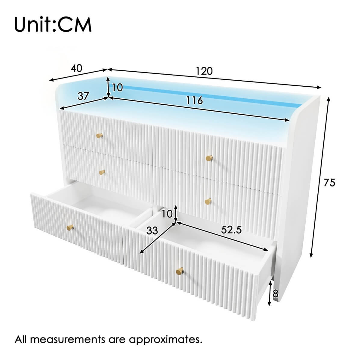 6-Drawer Fluted Sideboard with LED Lighting – Modern Storage Cabinet for Living Room, Bedroom or Dining Room