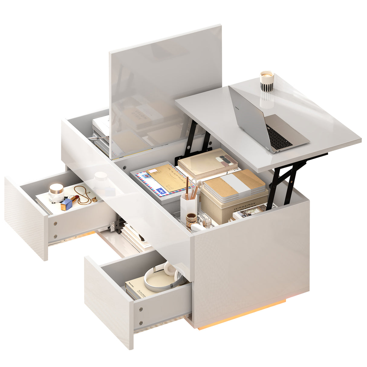 Lift-Top Coffee Table, High Gloss Centre Table with 2 drawers & LED lights, Lifting Sofa Side Table, Space-saving End Table,Tea Table,for Living Room, Office