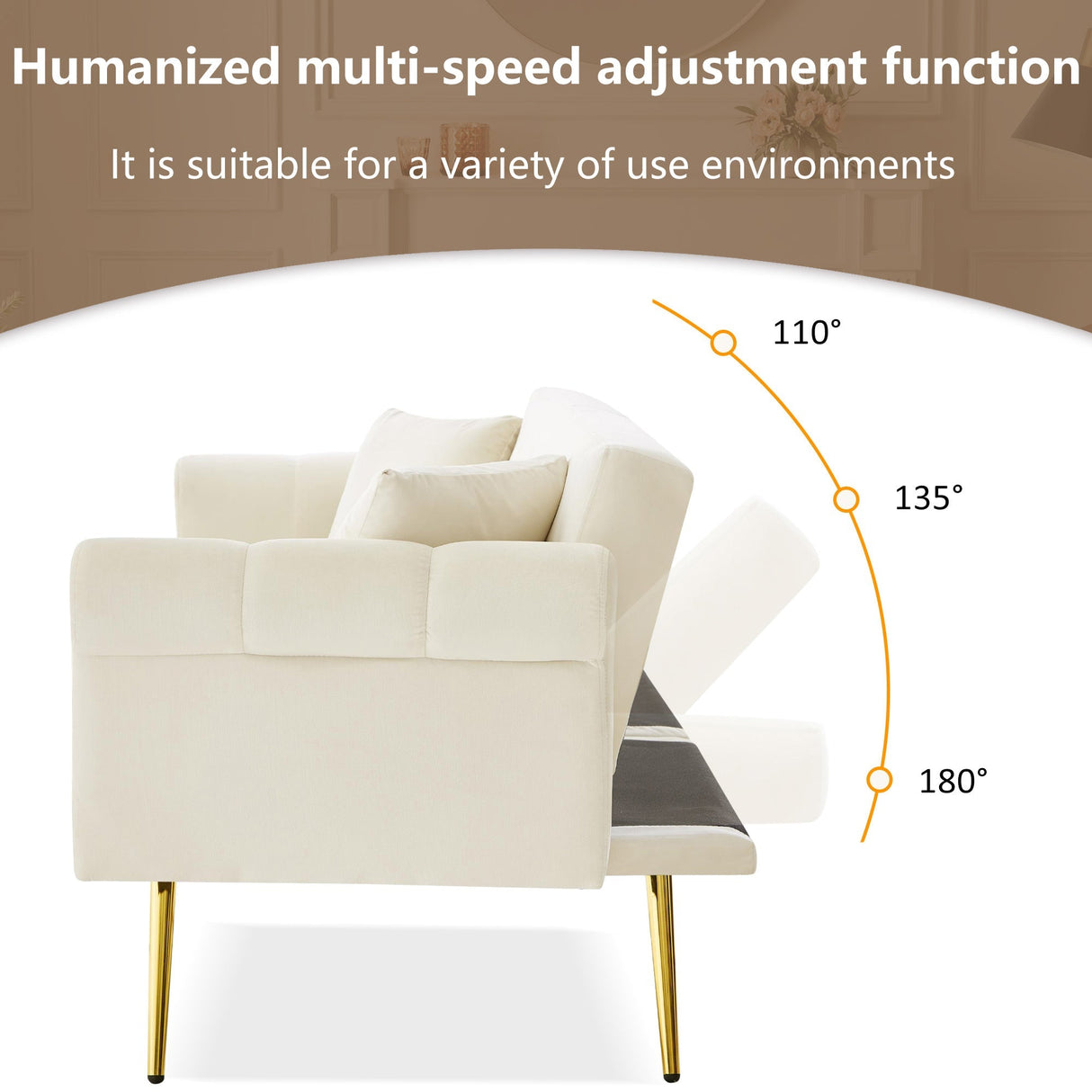Modern 2-Seater Sofa Bed with 3-Stage Adjustable Backrest, Velvet
