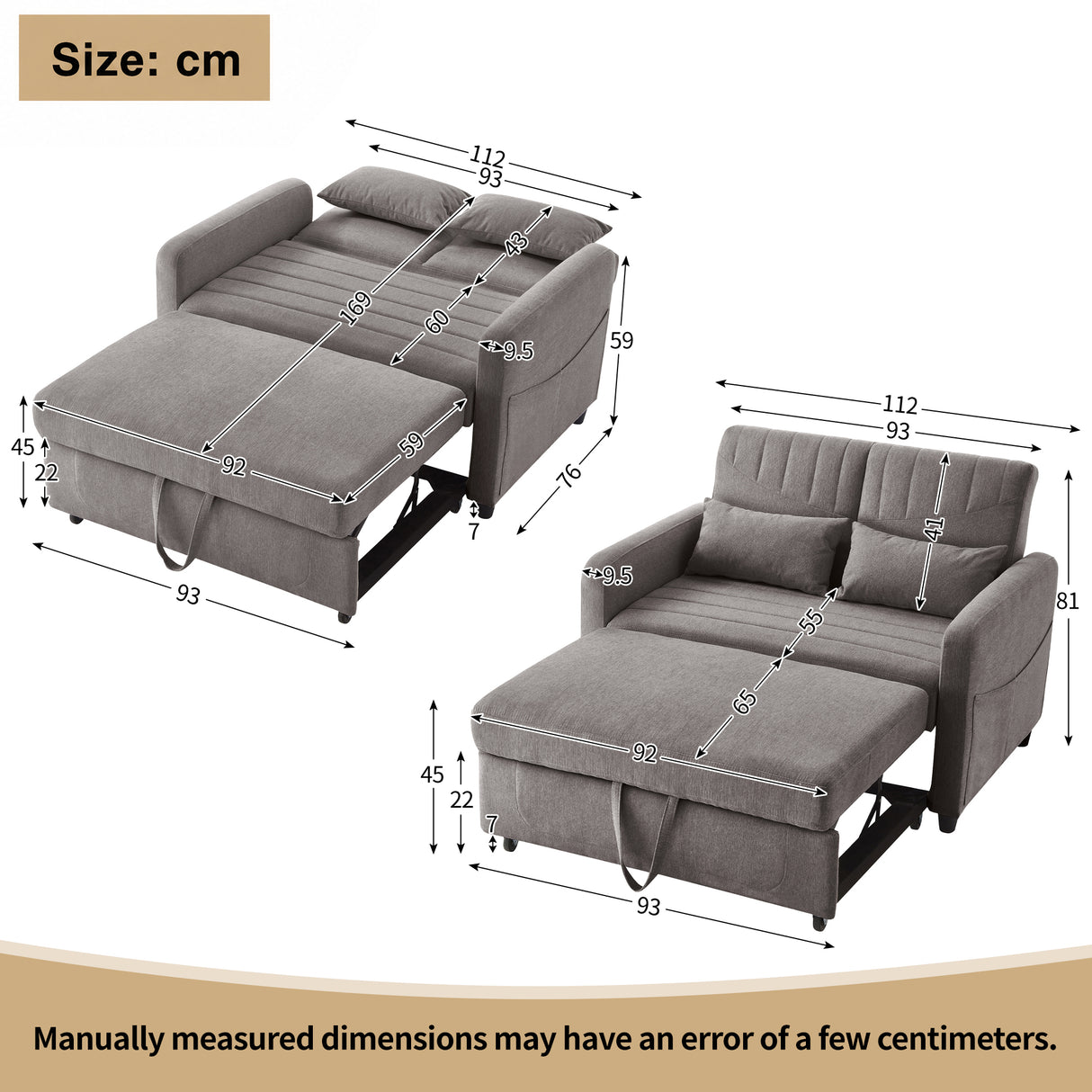 [Sofa Bed with Sleeping Function] Two-Seater Fold-Out Sofa, Pull-Out Design, Simple and Modern, Contemporary Style, Three-Level Adjustable Backrest, Breathable Cotton-Linen Fabric