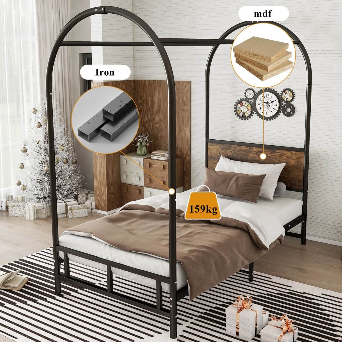 3ft Single Metal Canopy Bed - Sturdy Iron Bed Frame for Adults & Teenagers, Black & Wood