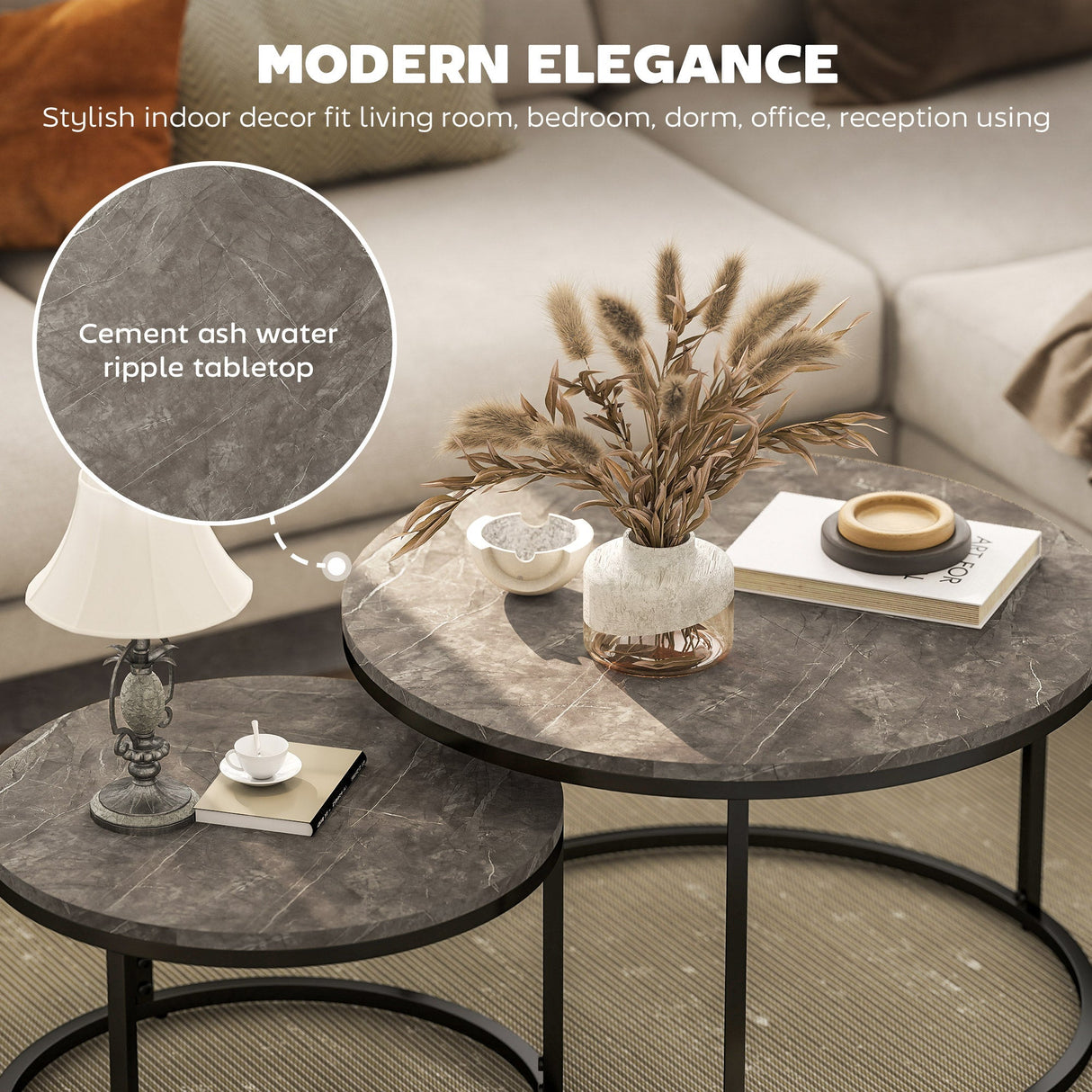 Industrial Nesting Coffee Table Set of 2, Round with Faux Marbled Top and Steel Frame