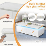 High Gloss Coffee Table with LED Lights - Modern White Storage Table with 2 Drawers