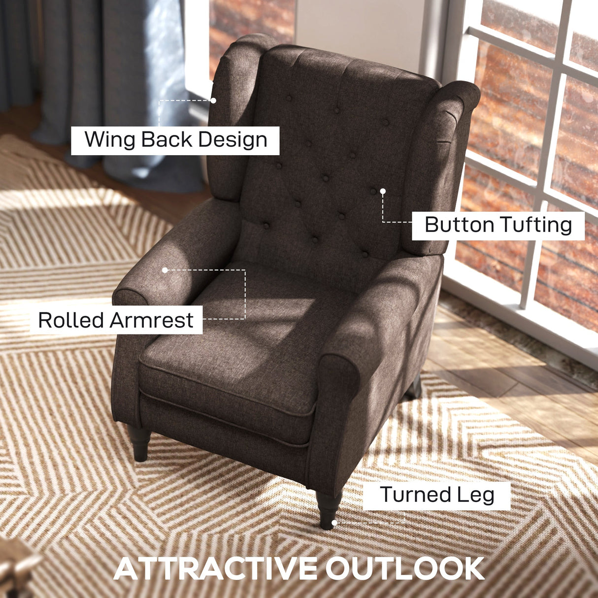 Wingback Accent Chair, Upholstered Button Tufted Occasional Chair, Brown