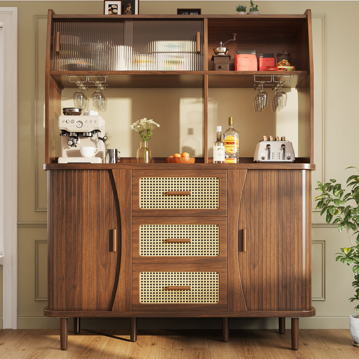 High-quality sideboard with rattan look and glass sliding doors, 174.5 cm high kitchen cabinet with storage space, natural wood/walnut look