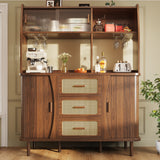 High-quality sideboard with rattan look and glass sliding doors, 174.5 cm high kitchen cabinet with storage space, natural wood/walnut look