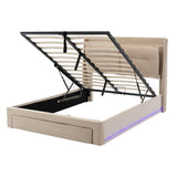 4ft6 Double Velvet Ottoman Bed - Upholstered Storage Bed with LED Lighting & End Drawers, Beige