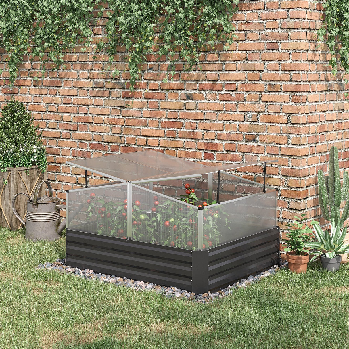 Outsunny Galvanised Raised Garden Bed with Greenhouse, Dark Grey